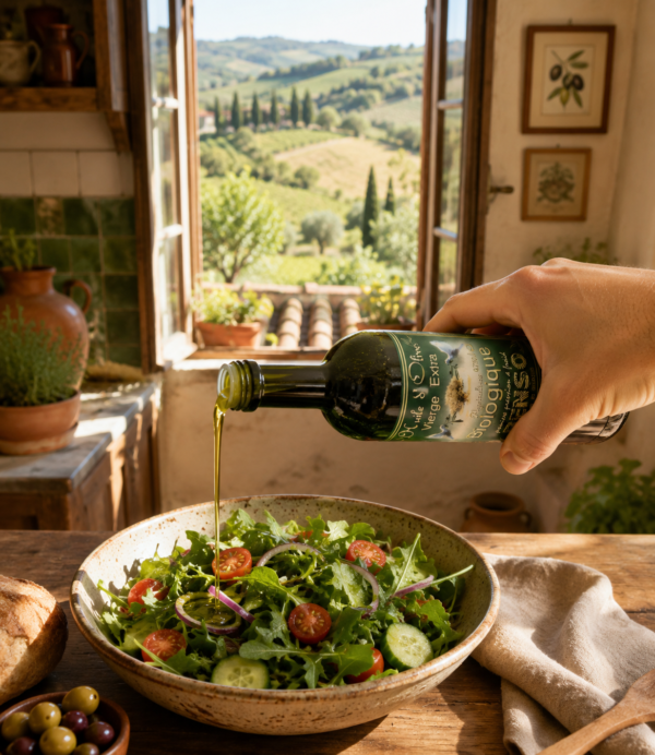 Bottle-Extra-Virgin-Organic-Olive-Oil-75cl-Salad Huile d'olive biologique Benso - 75 cl