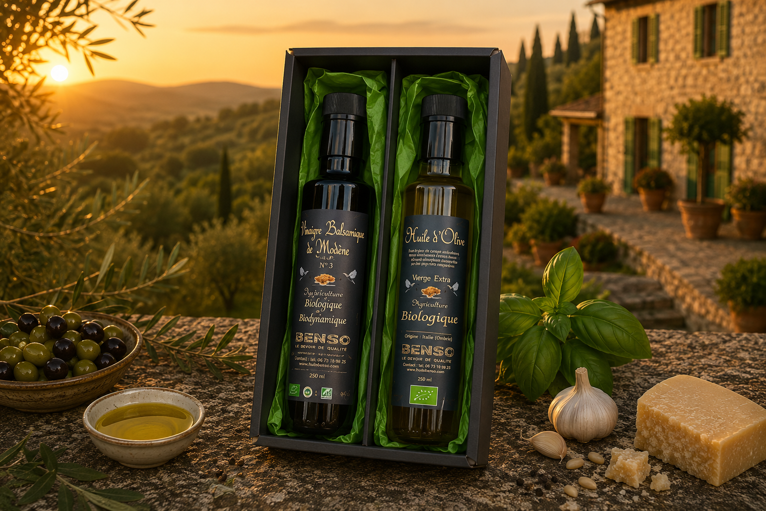 Coffret cadeau huile d'olive bio / vinaigre balsamique bio